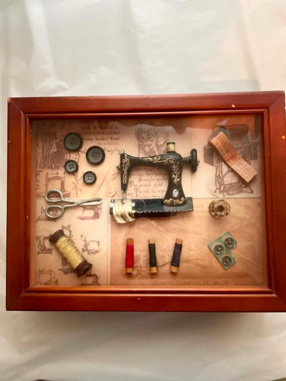 Sewing Room Tea Box  Vintage Sewing Machine Shadow Box  Quilter Gift  Cottage